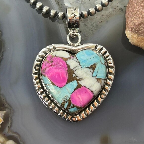 Jewelry - Sterling Silver Southwestern Style Cotton Candy Heart Pendant For Women #4